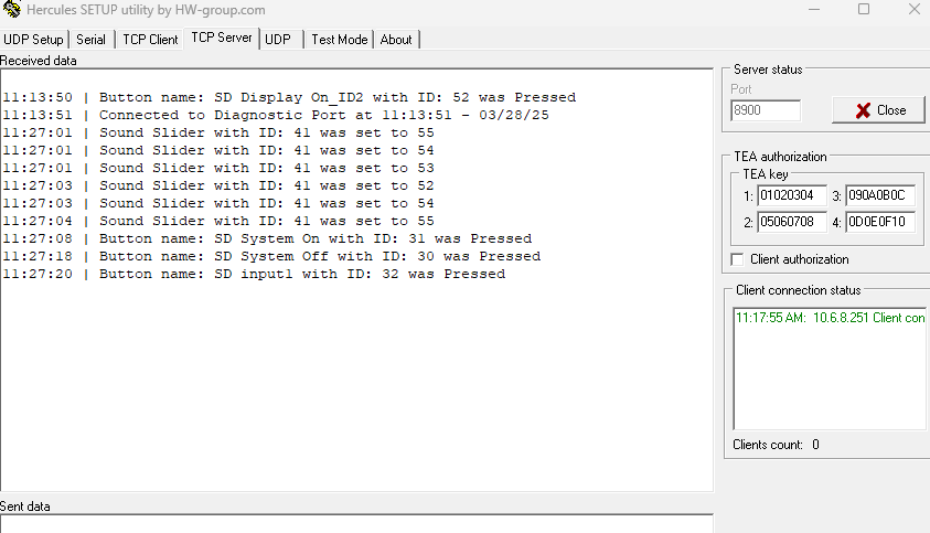 TCP server - test buttons